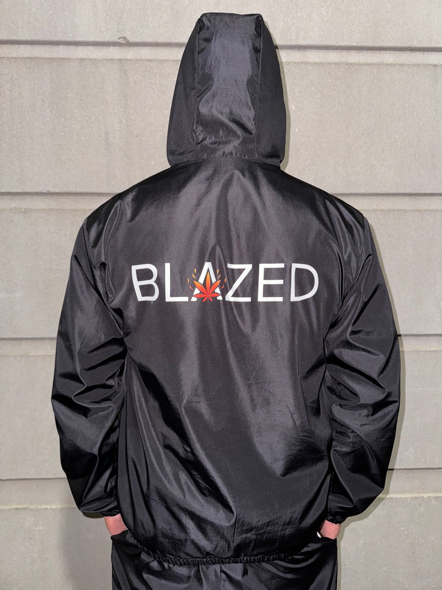 Blazed Windbreaker Tracksuit, All black windbreaker tracksuit, Back Logo